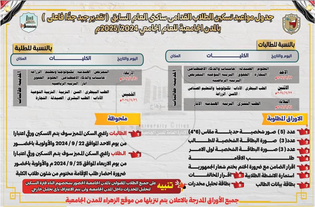 ننشر موعد تسكين طلاب جامعة سوهاج