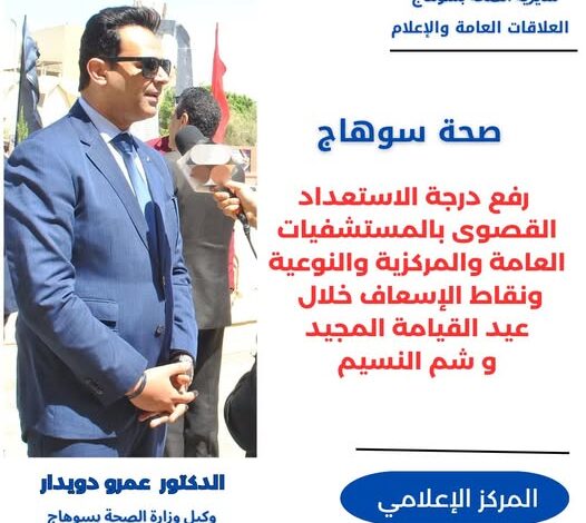 رفع درجة الاستعداد القصوى بالمستشفيات العامة والمركزية والنوعية ونقاط الإسعاف خلال عيد القيامة المجيد و شم النسيم