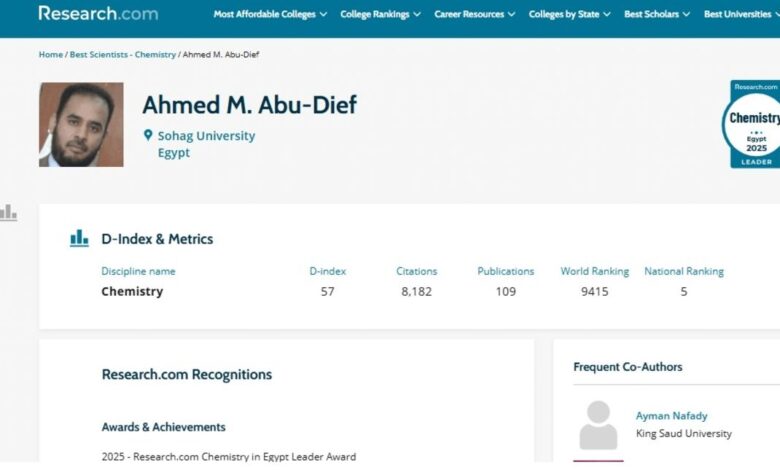 عالم بعلوم سوهاج يحصد جائزة الريادة في مجال الكيمياء في مصر لعام 2025