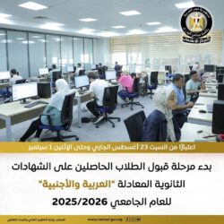 بدء مرحلة قبول الطلاب الحاصلين على الشهادات الثانوية المعادلة العربية والأجنبية. 
