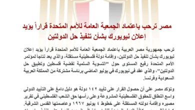 مصر ترحب بقرار إعلان نيويورك بشأن تنفيذ حل الدولتين