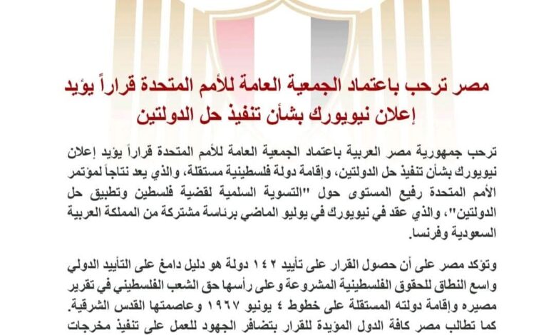 مصر ترحب بقرار إعلان نيويورك بشأن تنفيذ حل الدولتين