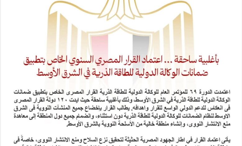 إعتماد القرار المصري السنوي الخاص بتطبيق ضمانات الوكالة الدولية للطاقة الذرية