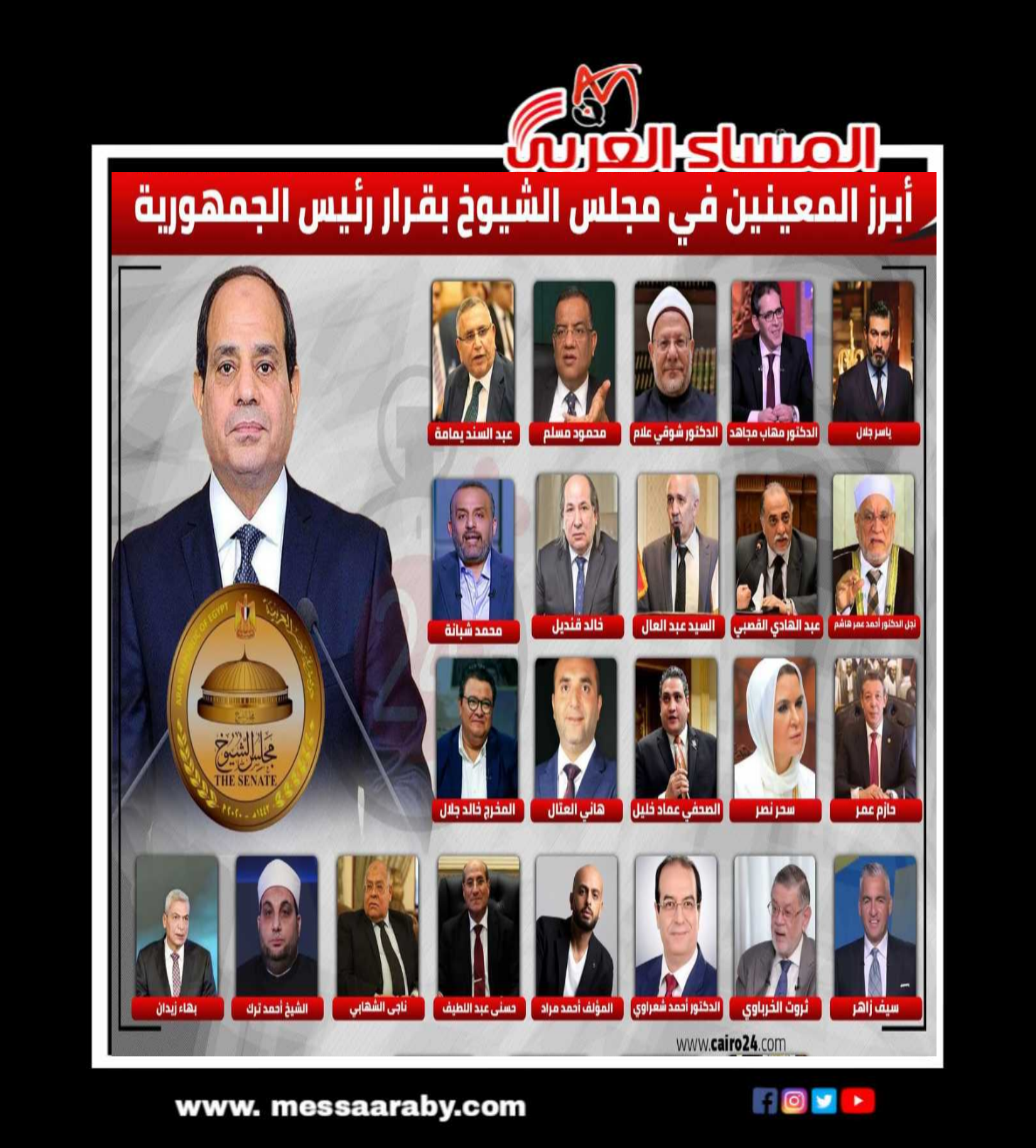الرئيس يصدر قرار بأسماء الأعضاء المعينين  بمجلس الشيوخ من ضمنهم ٩ رؤساء أحزاب 
