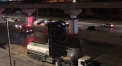 انقلاب تريلا مواد بترولية بطريق التسعين الجنوبي يشل الحركة المرورية بالتجمع