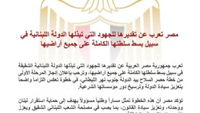 مصر تعرب عن تقديرها للجهود التي يبذلها لبنان في سبيل بسط سلطته الكاملة على جميع أراضيه