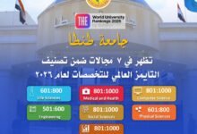 جامعة طنطا تظهر في ٧ مجالات ضمن تصنيف التايمز العالمي للتخصصات ٢٠٢٦