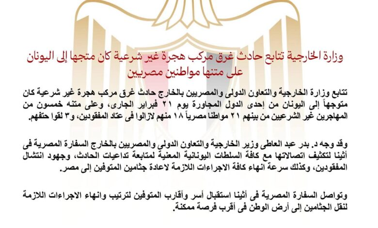 الخارجية: تتابع حادث غرق مركب هجرة غير شرعية كان متوجها إلى اليونان